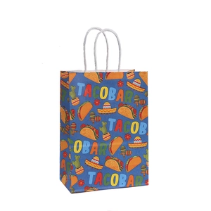 Blue Mexican Taco Bar theme paper gift bag with cactus and sombrero prints and white handles