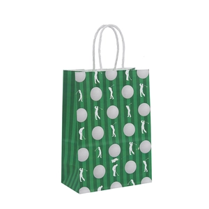 Golf themed paper gift bag with green stripes and white golf ball print with twisted handles