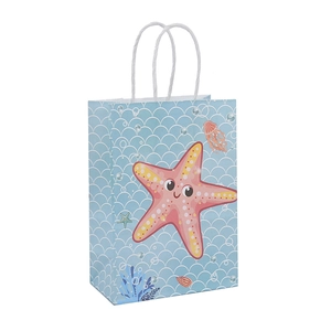 Bolsa de regalo de papel kraft con tema océano, estampado de estrella y asas blancas