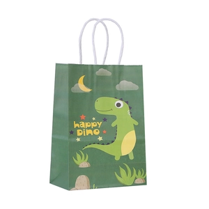 Green kraft paper gift bag with cute cartoon dinosaur print and white rope handle