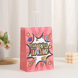 Pink paper gift bag for Teachers Day with Thank You Teacher text and cotton rope handles