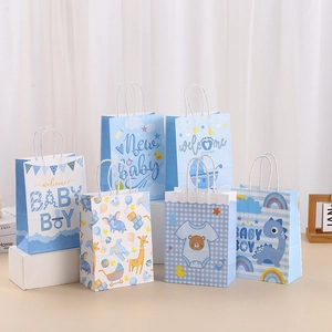 Baby Shower Gift Bags Paper Handbags Cartoon Animal Patterns For Newborn Birthday Party Favor Supplies Blue White Bags