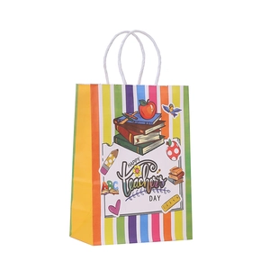 Rainbow striped paper gift bag for Teacher's Day with Happy Teacher's Day floral typography