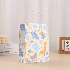 Cartoon animal print kraft paper gift bag with white twist handles for baby gifts