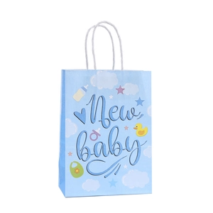 Blue New Baby gift paper bag with cute nursery illustrations and white rope handles