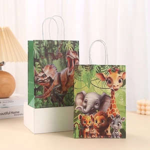 Cartoon Animal Dinosaur Kraft Paper Gift Bags With Handles For Kids Birthday Party Favors Jungle Theme Goody Bags Packaging