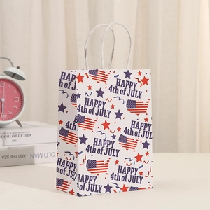 White kraft paper gift bag with July 4th festive print and white twisted handles