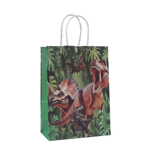 Sturdy dinosaur themed gift bag with colorful jungle illustrations and white rope handles