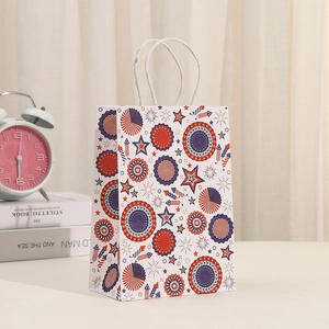 Detail of kraft paper gift bag with USA Independence Day fireworks and white rope handles