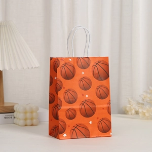 Close-up of orange basketball print gift bag with white star pattern and rope handles