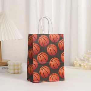 Gray kraft paper basketball gift bag with orange prints and white rope handles