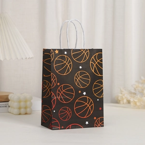 Kraft paper gift bag with vibrant basketball print and sturdy white twisted handles