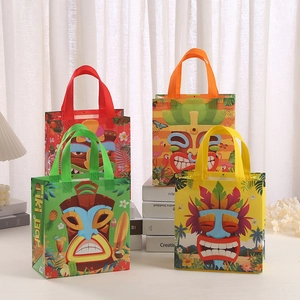Tropical Tiki Mask Non-Woven Gift Bags Hawaiian Luau Party Tote Bags Floral Pattern Reusable Shopping Handbags Decoration