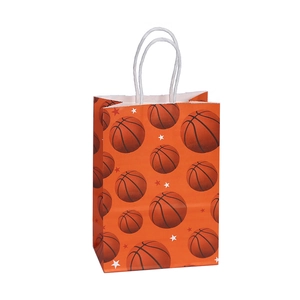 Orange basketball print gift bag with white rope handles for sports themed birthdays