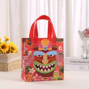 Detail of waterproof non-woven shopping bag featuring Tiki mask and Luau Party print