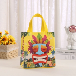 Waterproof non-woven Hawaiian Tiki party gift bag with tropical floral print and handles