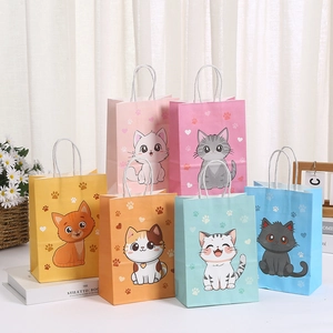 Bolsa de Regalo de Gato de Dibujos Animados de Papel Bolsa de Mano Con Asa Patrón de Corazón y Pata para Embalaje de Regalos de Fiesta
