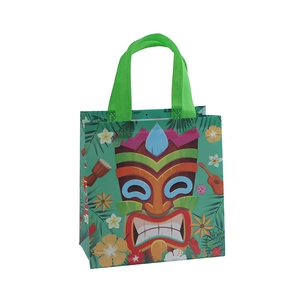 Hawaiian Tiki printed non-woven gift tote bag with tropical floral patterns and green handles