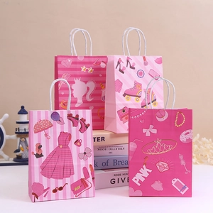 Pink Fashion Girl Silhouette Paper Gift Bags With Handles Cartoon Style Shopping Packaging Bags For Birthday Wedding Party