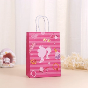 Pink striped paper gift bag with fashion silhouette and white rope handles