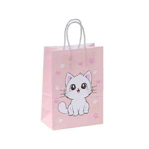 Bolsa de regalo de papel kraft rosa con dibujo de gato y asas de cordón para compras