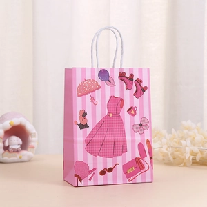 Pink striped paper gift bag with cute illustrations of dresses and skates