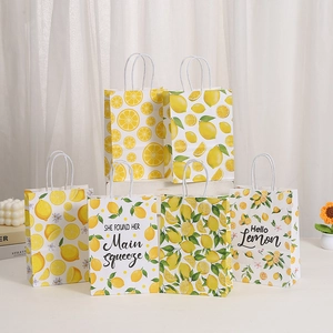 Fresh Lemon Print Paper Gift Bags With Handles For Party Favors Shopping Retail Treat Bags Handheld Kraft Paper Packaging