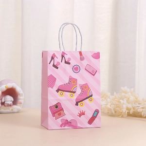 Pink cartoon gift bag with roller skates and camera prints, white twisted rope handles