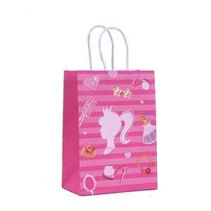 Pink striped paper gift bag with fashion silhouettes and white spiral handles