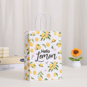 Detail of kraft paper gift bag with lemon prints, white rope handle and hello lemon art text