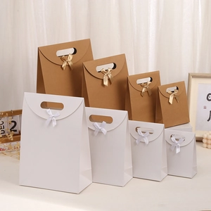 Flip Top Kraft Paper Gift Bag With Satin Bow Ribbon Handle Portable Packaging Bag For Wedding Party Favors Clothing Gift Wrapping