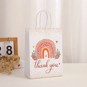 Bohemian rainbow paper gift bag with thank you text and white handle for party favors