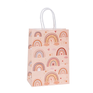 Boho rainbow pattern pink kraft paper gift bag with white rope handles for party