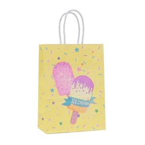 Bolsa de regalo de papel kraft amarillo con dibujos de helados y asas blancas