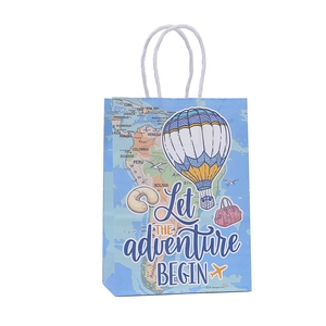 Sac cadeau en papier kraft thème voyage montgolfière avec poignées torsadées et slogan