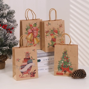 Weihnachten Kraftpapier Geschenktüten Mit Griffen Retro Schlitten Baum Socke Glocke Muster Für Festliche Party Gastgeschenke Feiertagsverpackung