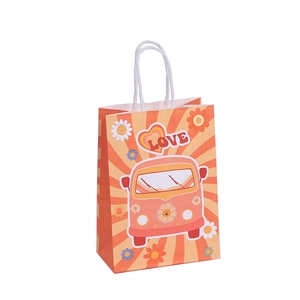 Vintage floral print paper gift bag with orange bus design and sturdy white rope handles