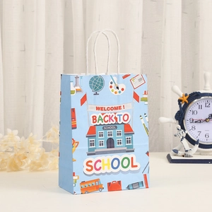 Cartoon Welcome Back to School kraft paper gift bag with white twisted handles