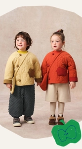 Detail of children's quilted jacket with traditional knots and matching apple crossbody bag