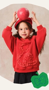 Detailed view of the wavy ruffle S-shape stitching on the red winter fleece sweatshirt
