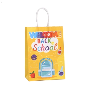 Yellow Back to School gift paper bag with white handles and colorful school illustrations