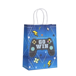 Sac cadeau bleu gaming avec motif en nid d'abeille, icône manette et texte GO WIN