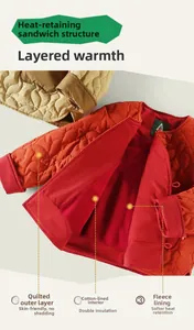 Detailed view of winter jacket featuring quilted fabric, warm cotton fill, and soft fleece lining