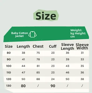 Size chart for girls padded cotton jacket showing height and weight measurements