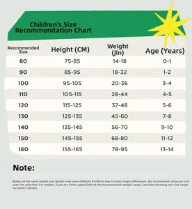 Children's winter down coat size chart for ages 0-14 years old with height and weight guide