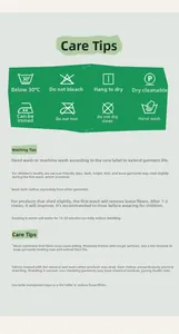 Care instructions for children denim pants featuring washing icons and fabric maintenance tips