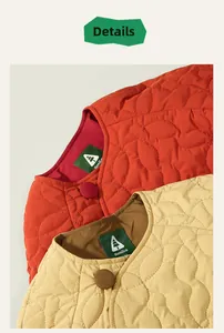 Detailed view of quilted winter vests featuring traditional knot buttons and brand labels