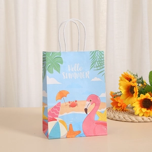 Summer beach theme kraft paper gift bag with Hello Summer print and white rope handles