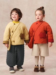 Children Winter Warm Padded Jacket Girls Boys Color Block Chinese Style Frog Button New Year Quilted Outerwear