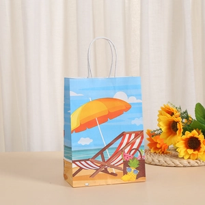 Blue summer beach print paper gift bag with white rope handles and fruit illustrations
